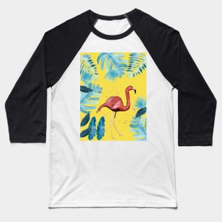 Flamingo with tropical leaves and a yellow background Baseball T-Shirt